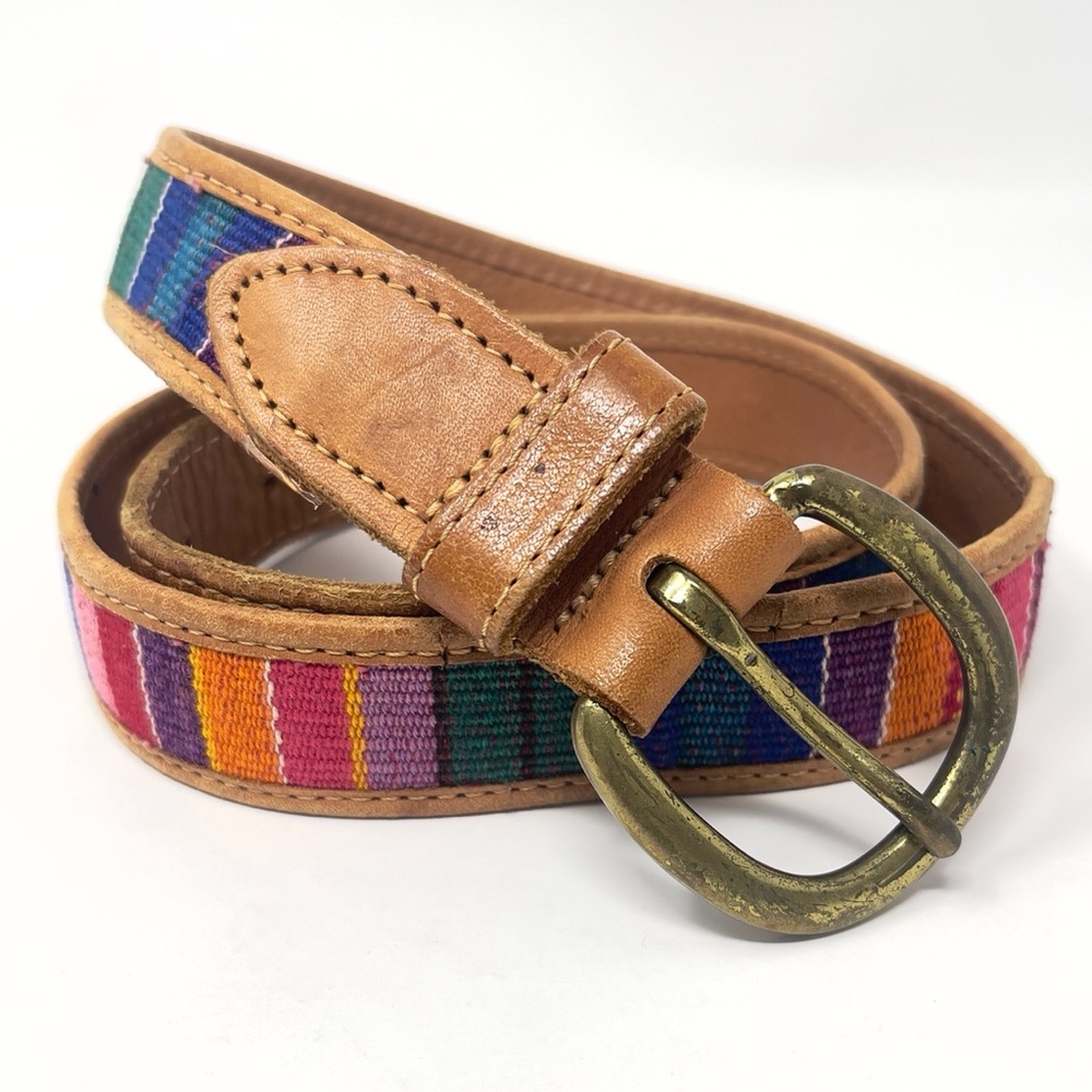 Vintage Guatemalan‎ Leather Belt, Colorful Woven Stripe, Brass Buckle Boho
